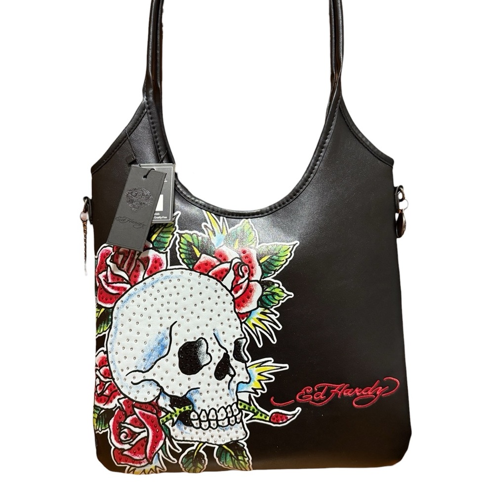 Ed Hardy Black Shoulder Bag with Skull and Roses